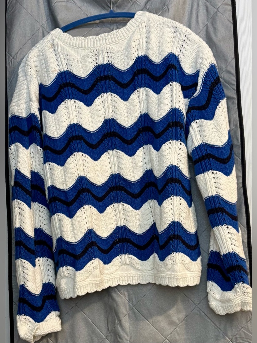 Karen Kane Blue & White Wave-Stripe Crewneck Sweater
